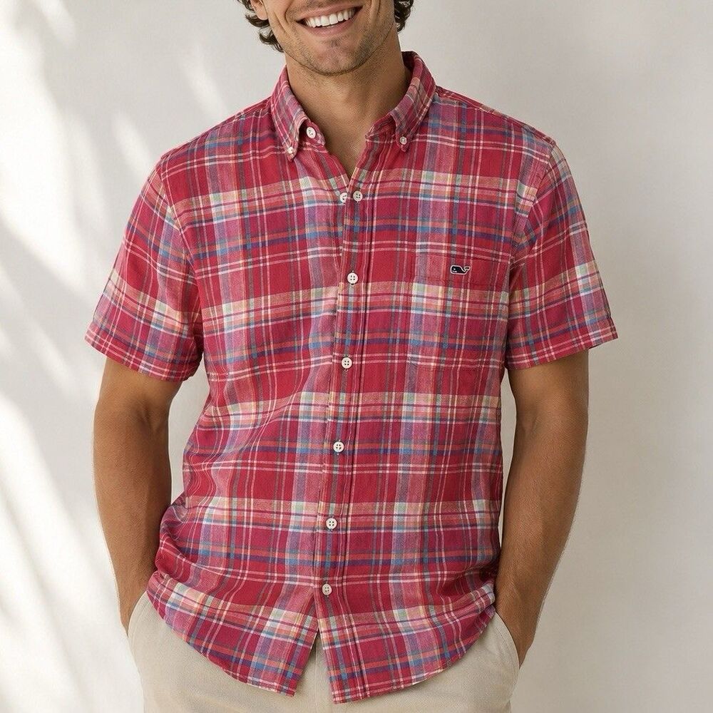 Vineyard Vines Slim Fit Tucker Shirt Mens Medium Plaid Linen Button Front